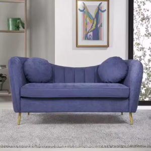 Modern Navy Blue 2-Seater Fabric Sofa – Gold Metal Legs & Soft Upholstered Seating